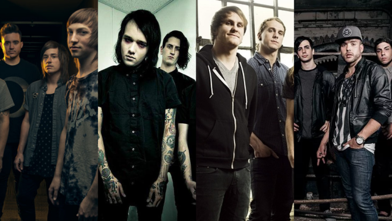 4 photos de band positionné un à côté de l'autre de gauche à droite :Myka relocate,Sworn in,Life on repeat,I am king