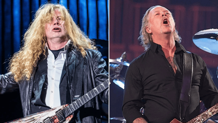 Deux photos côte à côte de Dave Mustaine et James Hetfield