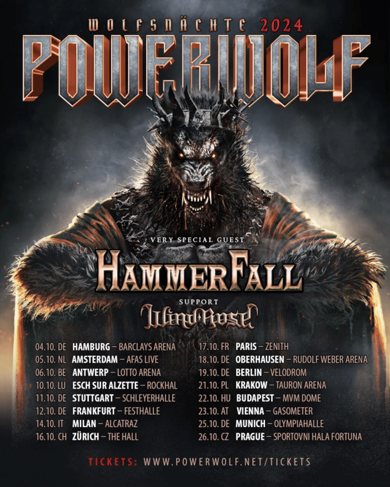 une affiche de tournée, il est écris wolfsnächte 2024 en haut de l'image et juste en dessous le nom du band: powerwolf. Au milieu il y a deux autres band qui sont invité: hammerfall et windrose. En dessous il y a toutes les dates et les villes. En arrière il y a la mascotte du band powerwolf